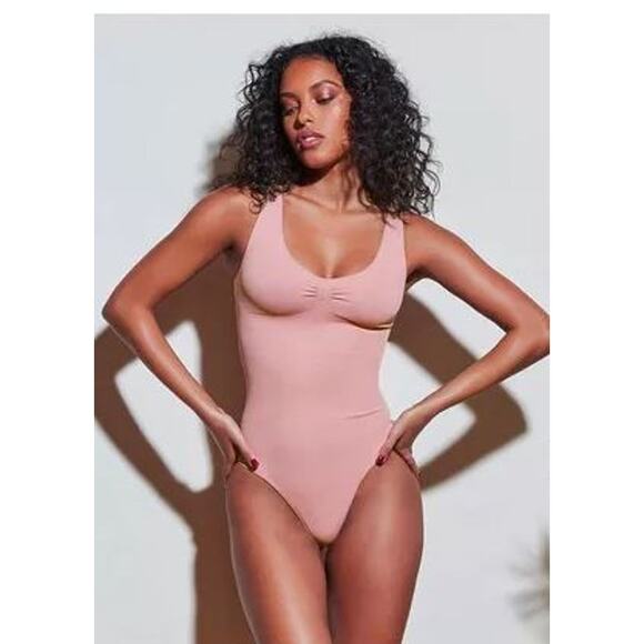 Fleur Du Mal Large Control Bodysuit Rose Pink Deep V Neck Sleeveless Stretch - Picture 1 of 8